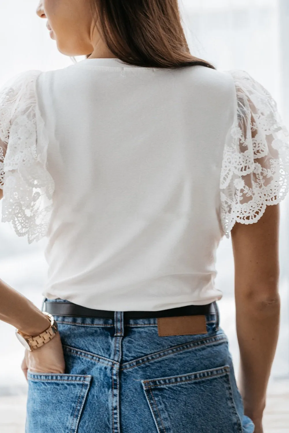 Lace Detail White Flutter Sleeve Top