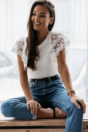 Lace Detail White Flutter Sleeve Top