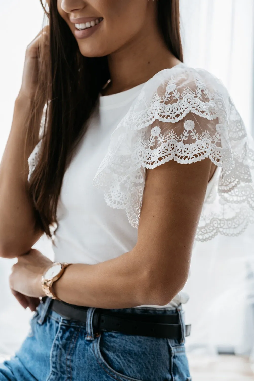 Lace Detail White Flutter Sleeve Top