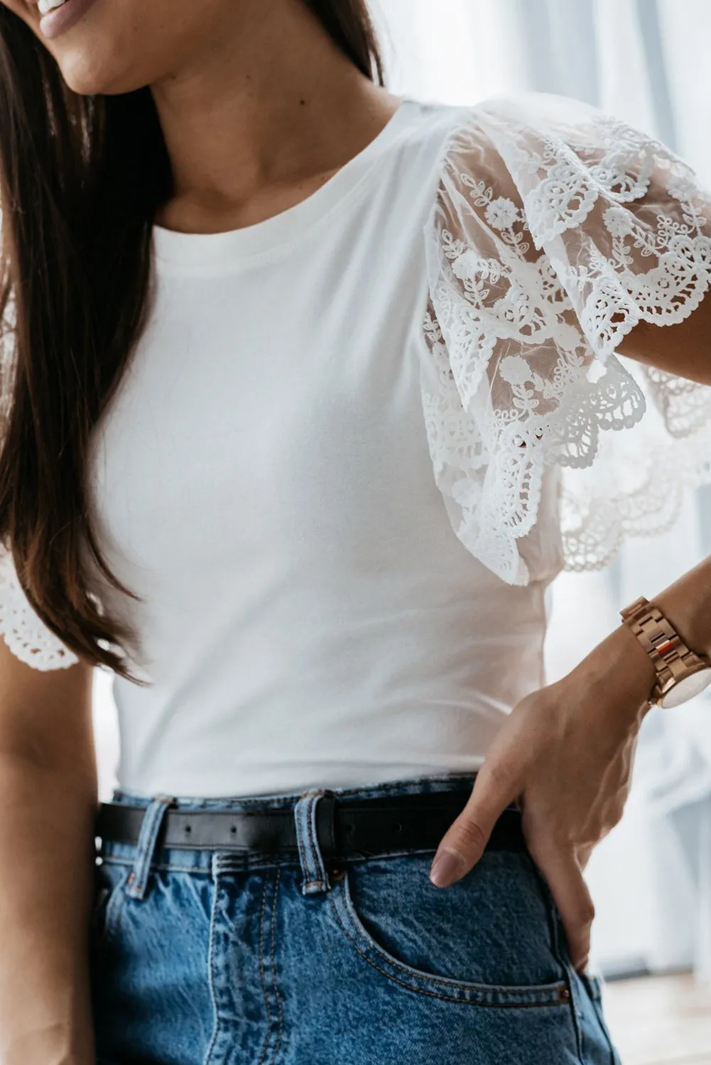 Lace Detail White Flutter Sleeve Top