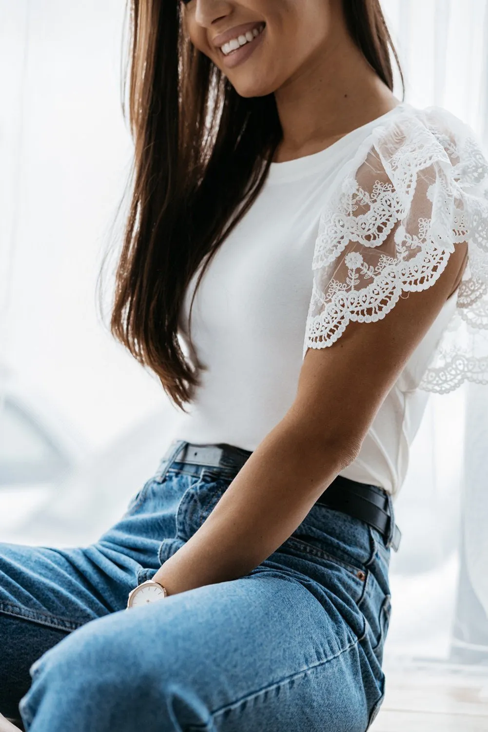Lace Detail White Flutter Sleeve Top
