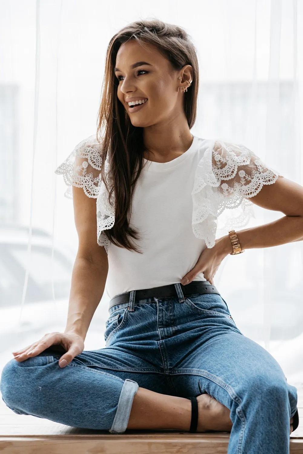 Lace Detail White Flutter Sleeve Top