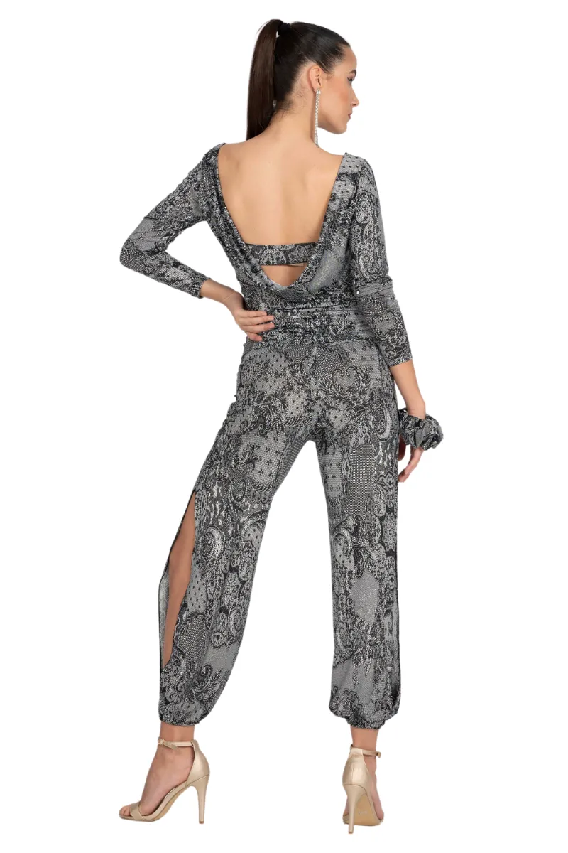 Lace Print Draped Back Long Sleeve Top