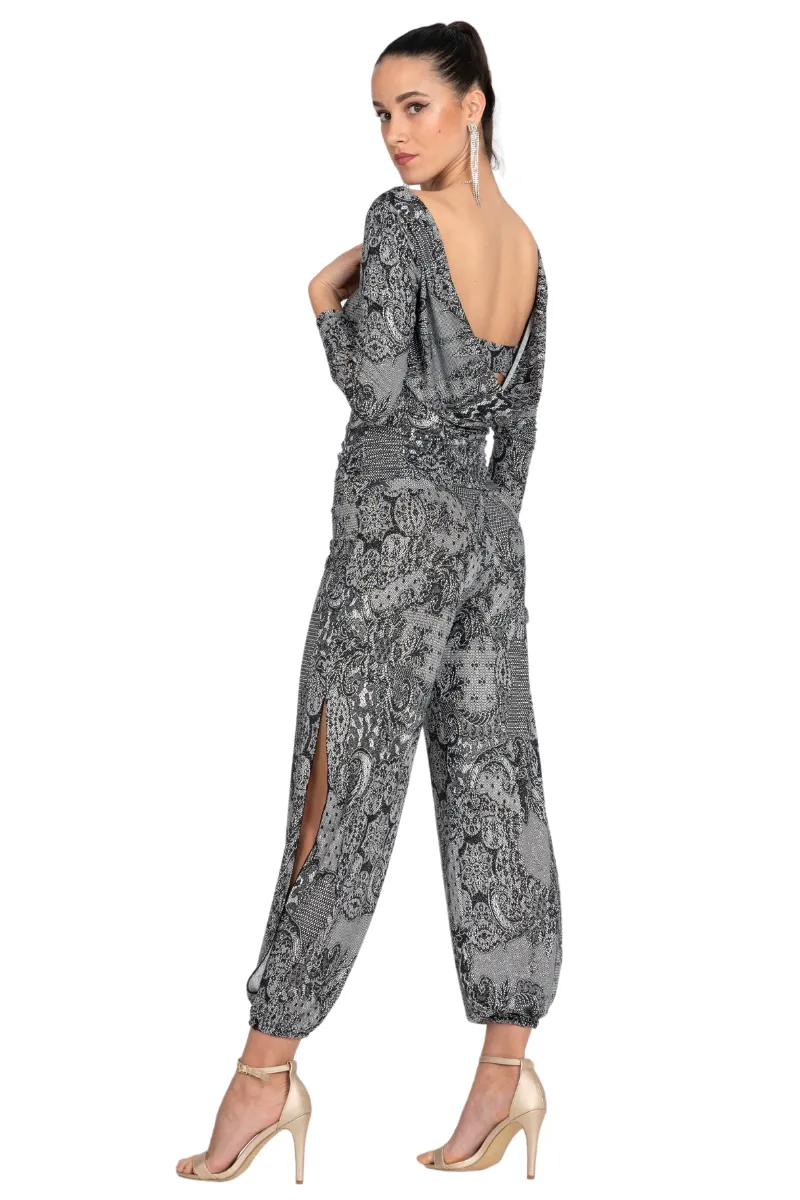 Lace Print Draped Back Long Sleeve Top