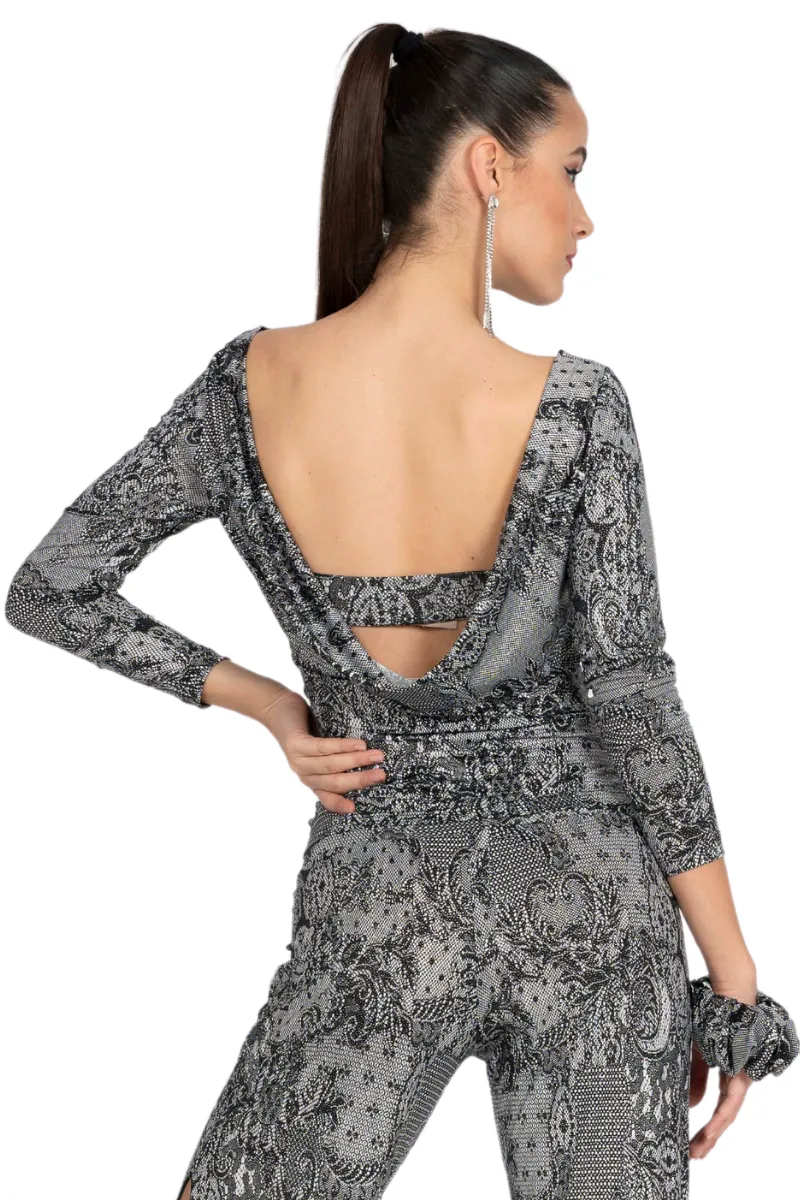 Lace Print Draped Back Long Sleeve Top