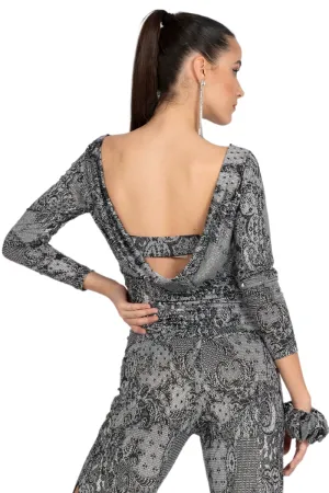 Lace Print Draped Back Long Sleeve Top