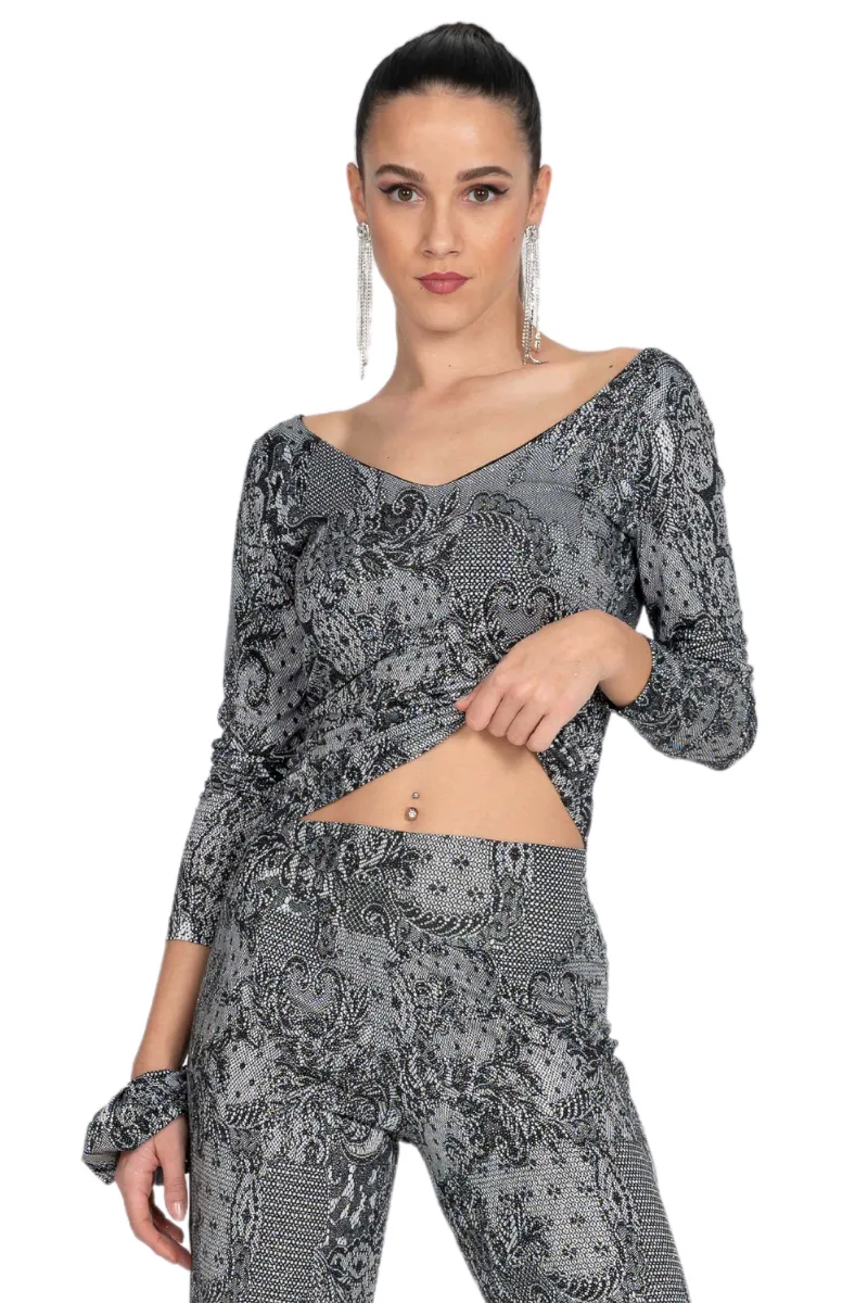 Lace Print Draped Back Long Sleeve Top
