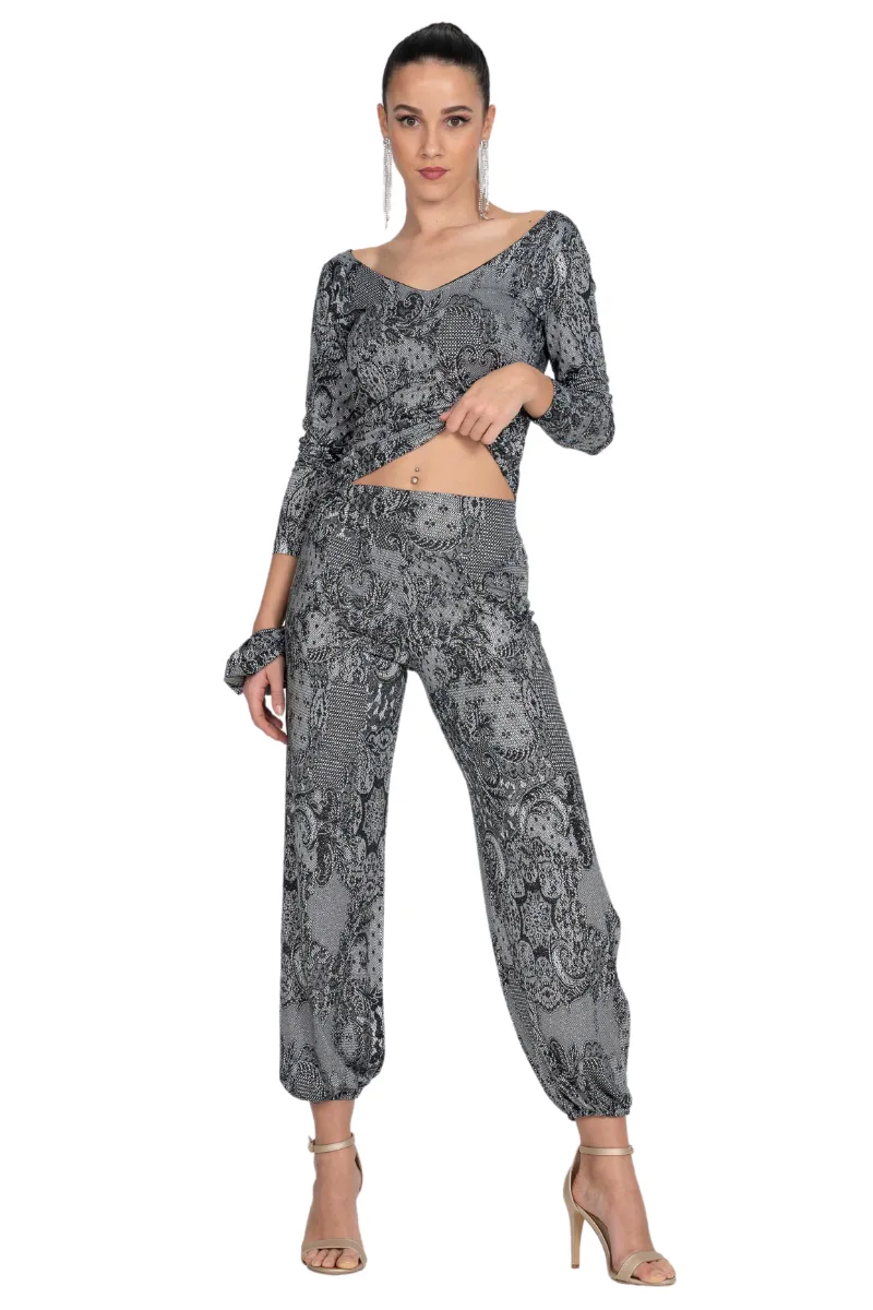 Lace Print Draped Back Long Sleeve Top
