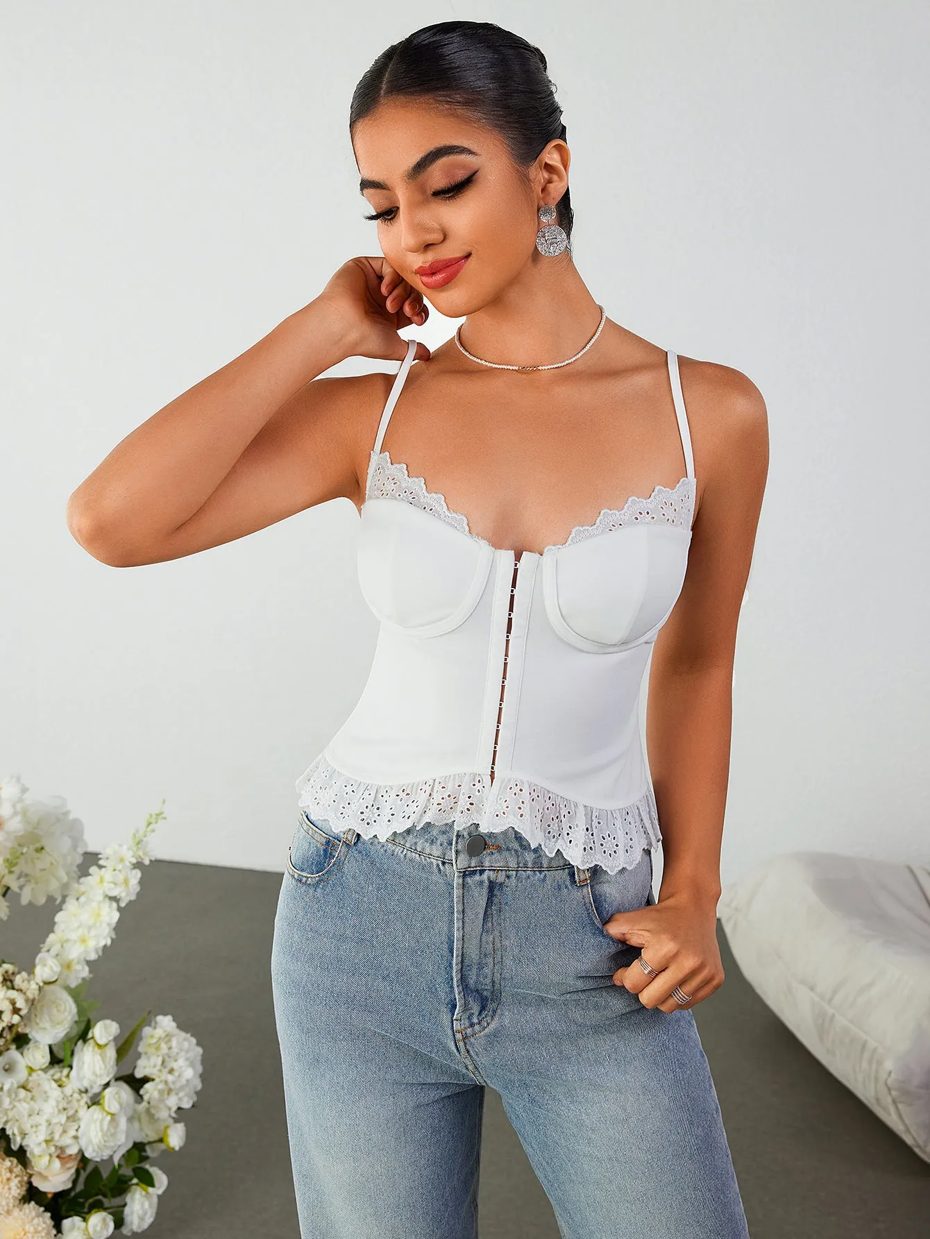 Lace Trim Cut Out Backless Crop Top