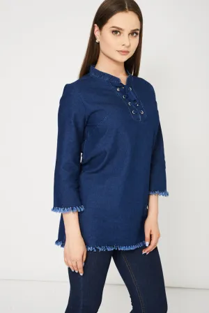 Lace Up Front Denim Top In Navy Ex-Branded