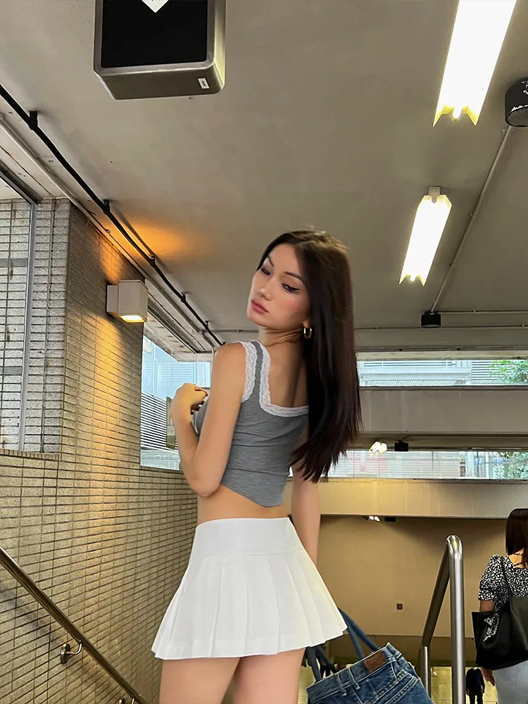Lacey Solid Color Lace-knit Suspender Pleated Camisole Top