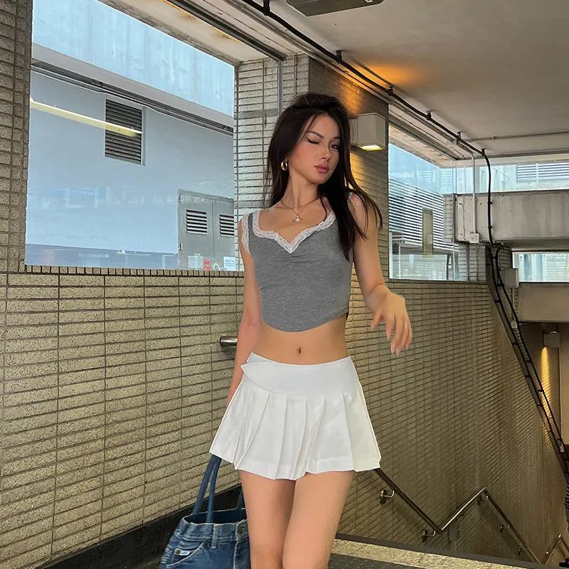 Lacey Solid Color Lace-knit Suspender Pleated Camisole Top