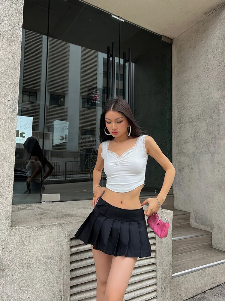 Lacey Solid Color Lace-knit Suspender Pleated Camisole Top