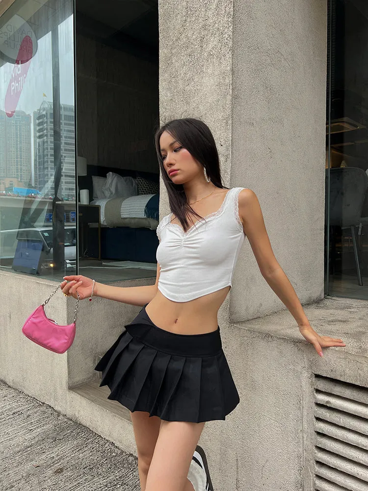Lacey Solid Color Lace-knit Suspender Pleated Camisole Top