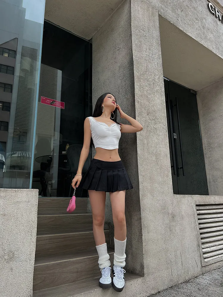 Lacey Solid Color Lace-knit Suspender Pleated Camisole Top