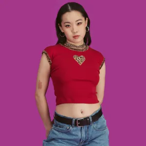 Leopard Heart Shaped Round Neck Crop Top