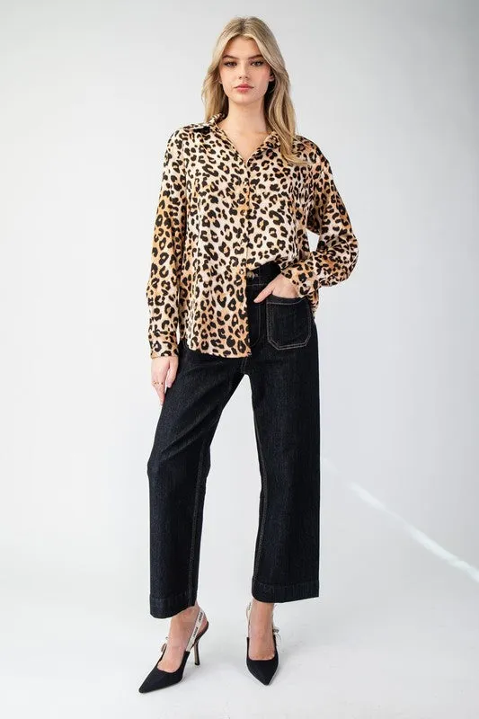 Leopard Printed Button Front Blouse Top