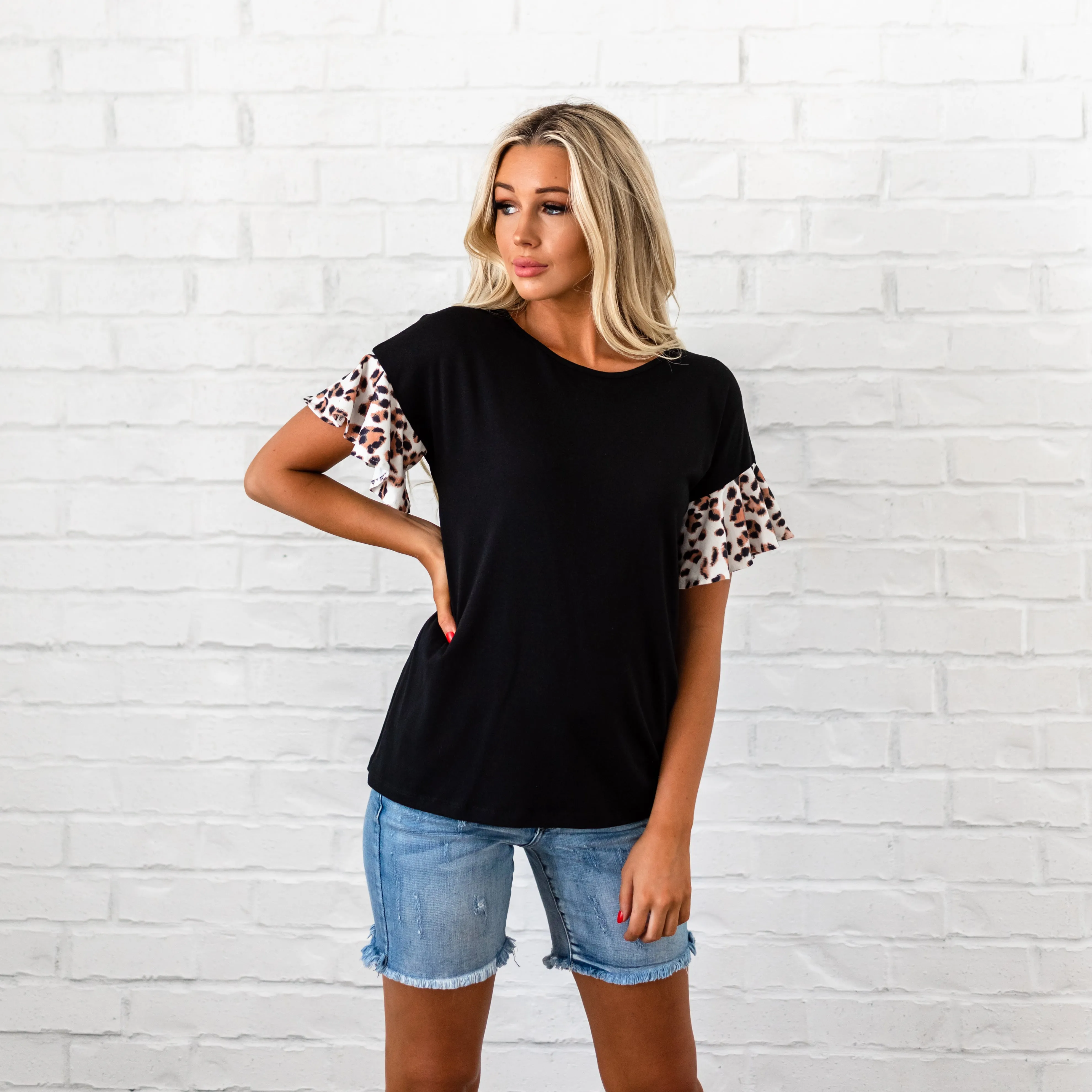Leopard Ruffle Sleeve Top - Black