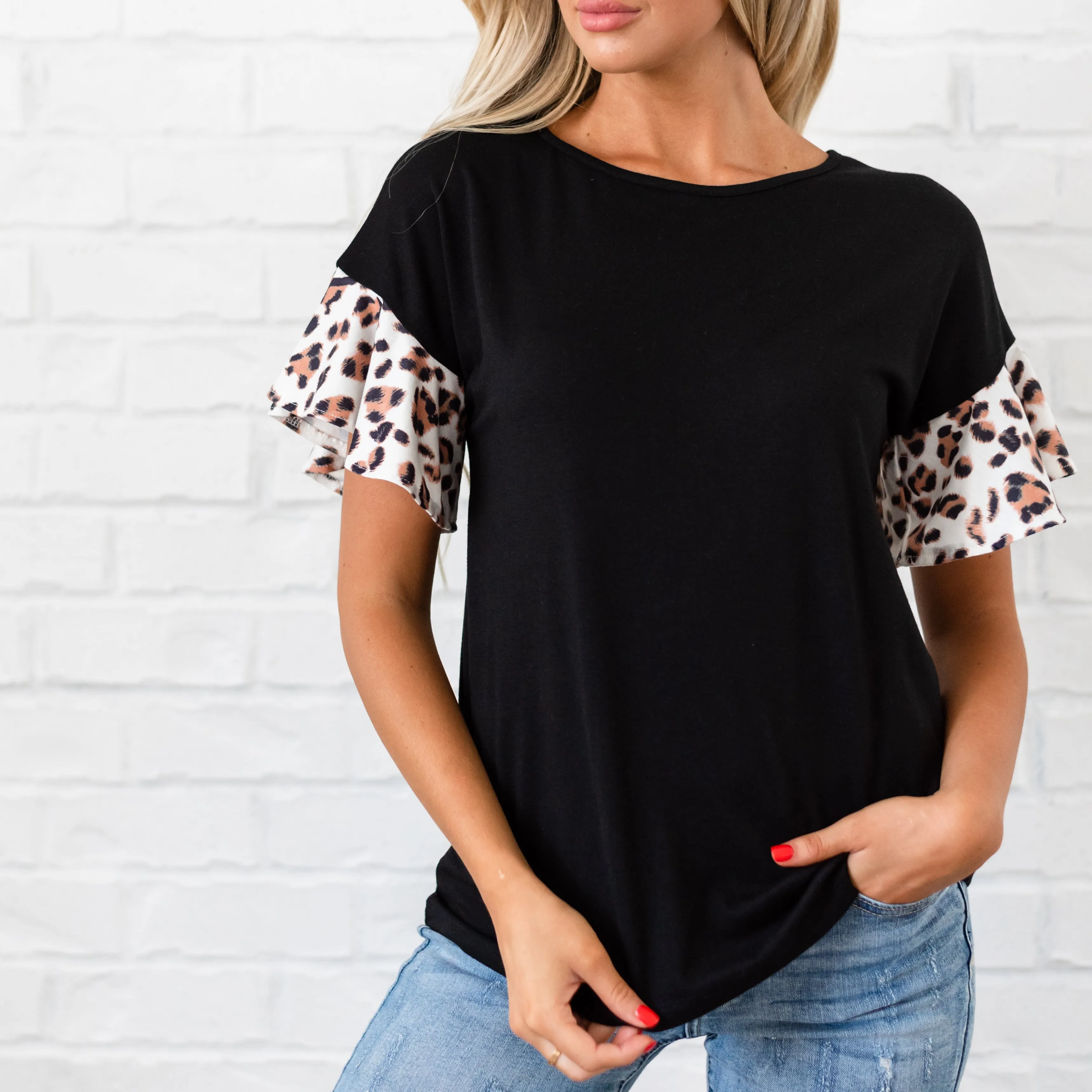 Leopard Ruffle Sleeve Top - Black