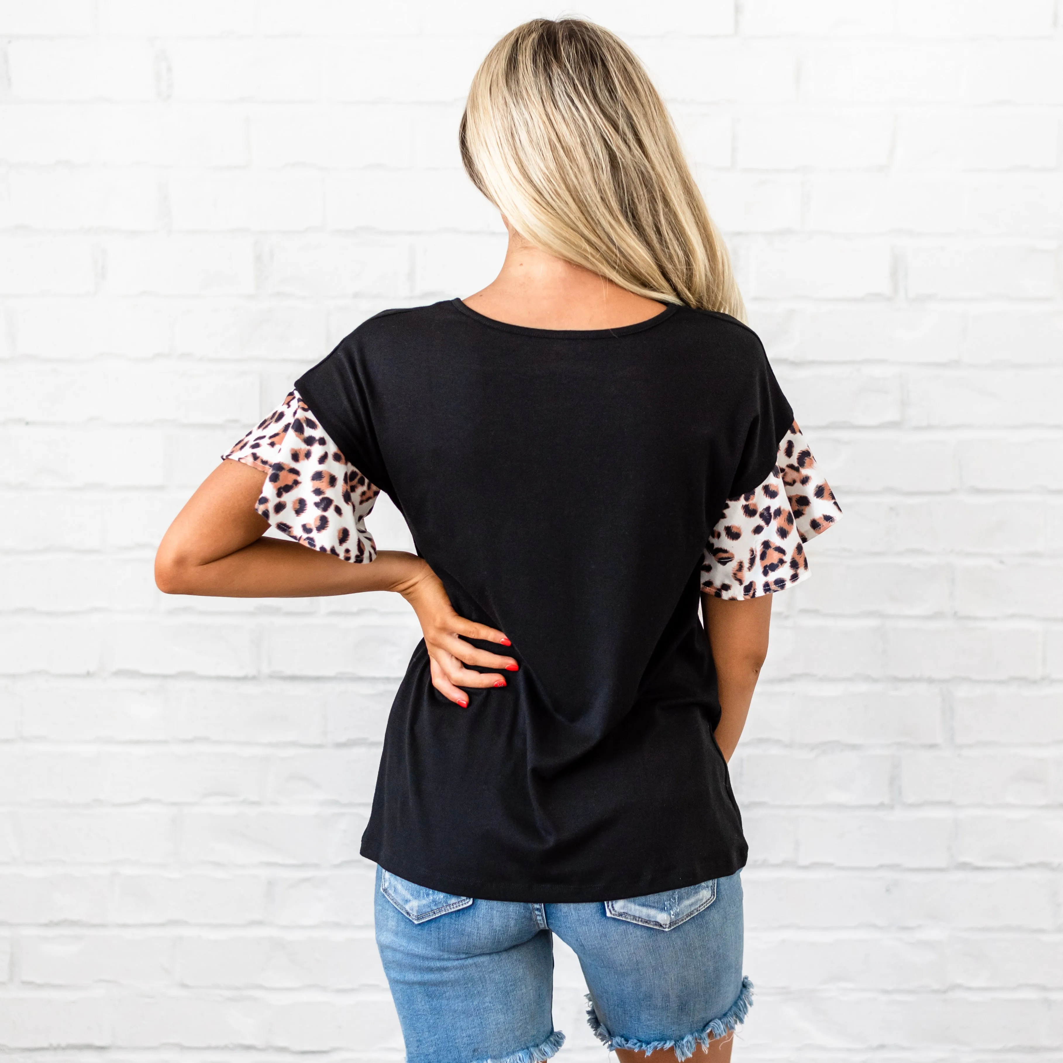 Leopard Ruffle Sleeve Top - Black