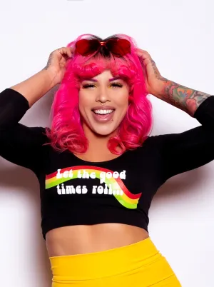 'Let the Good Times Roll' 3/4 Sleeve Crop Top in Black
