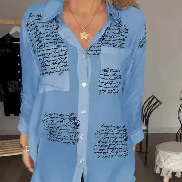 Letter Print Long Sleeve Shirt Fashion Commuter Style Lapel Shirt Women's Clothing