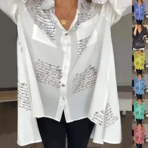 Letter Print Long Sleeve Shirt Fashion Commuter Style Lapel Shirt Women's Clothing