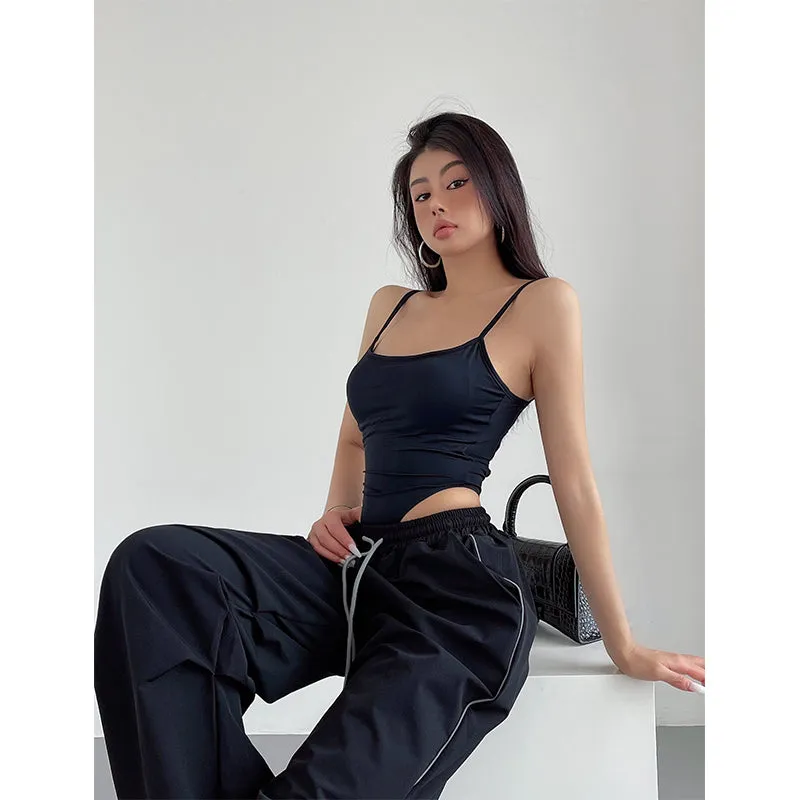 Levia Solid Color Chest Pad Spaghetti Strap Backless Straps Slim Bodysuit Top