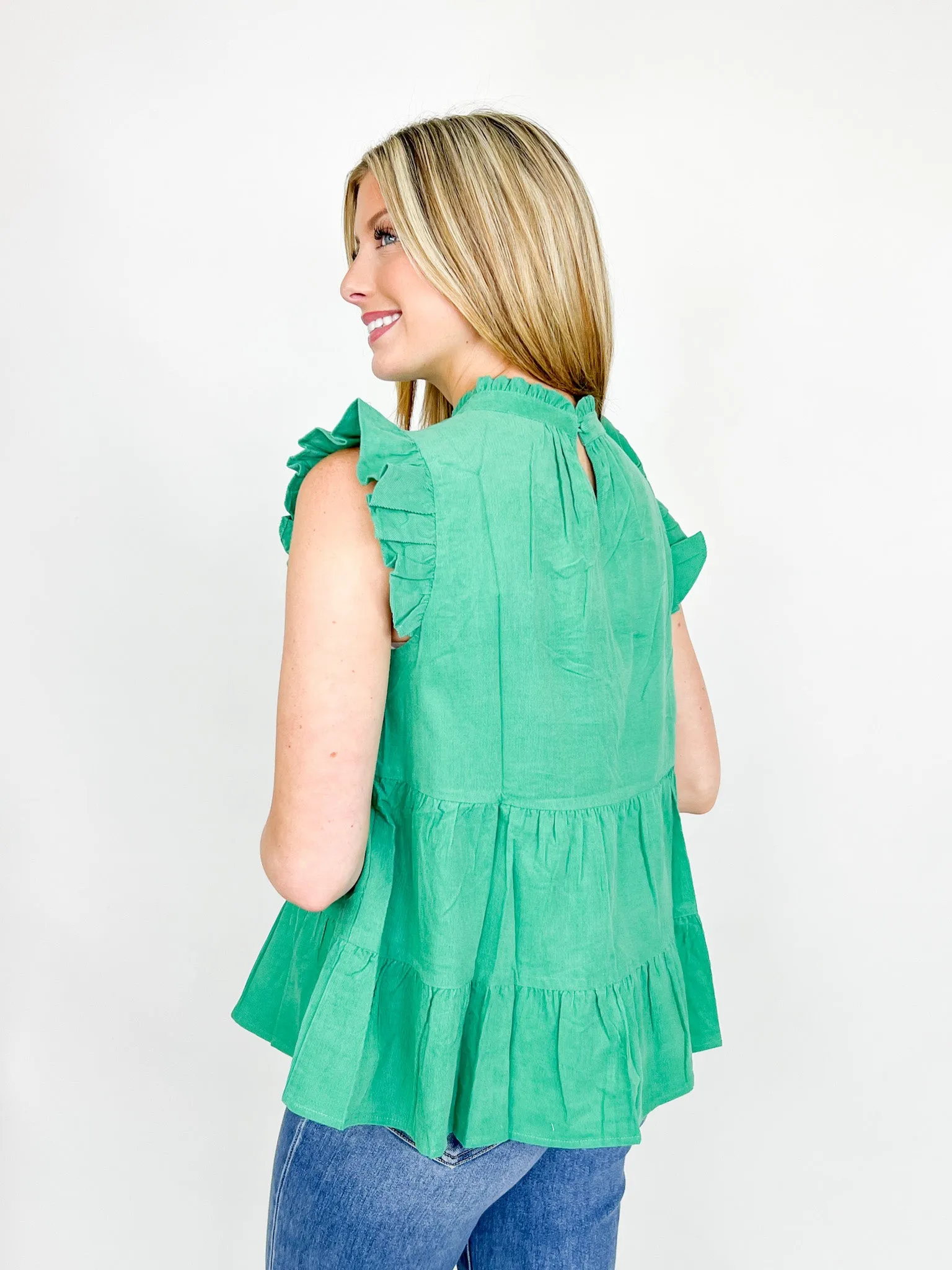 Lindi - Green Corduroy Ruffle Sleeve Top (THML)