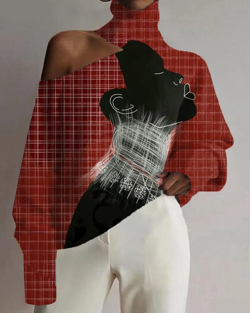 Line Drawing Check Art Negro Print Hollow Neck Top