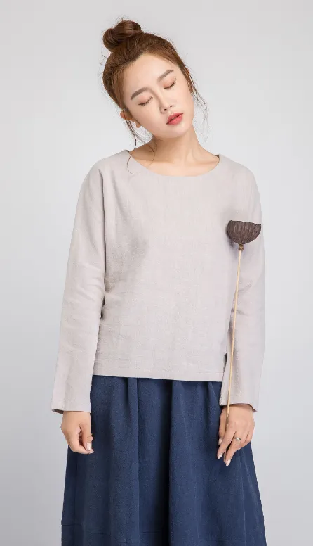 linen blouse, womens linen top, gray linen top, long sleeve shirt, loose tops 1926