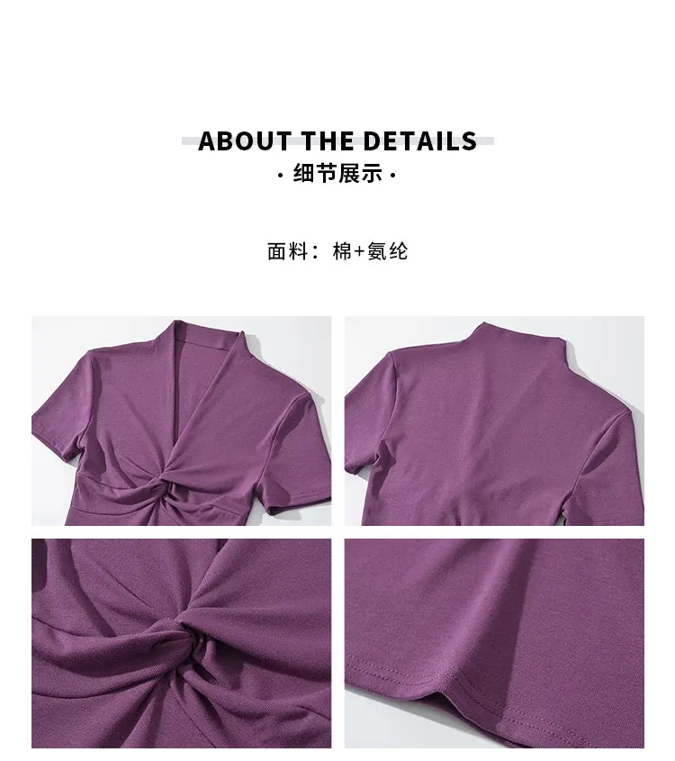 Lizza Solid Color V-Neck Twist Short Sleeve Slim Cropped Top