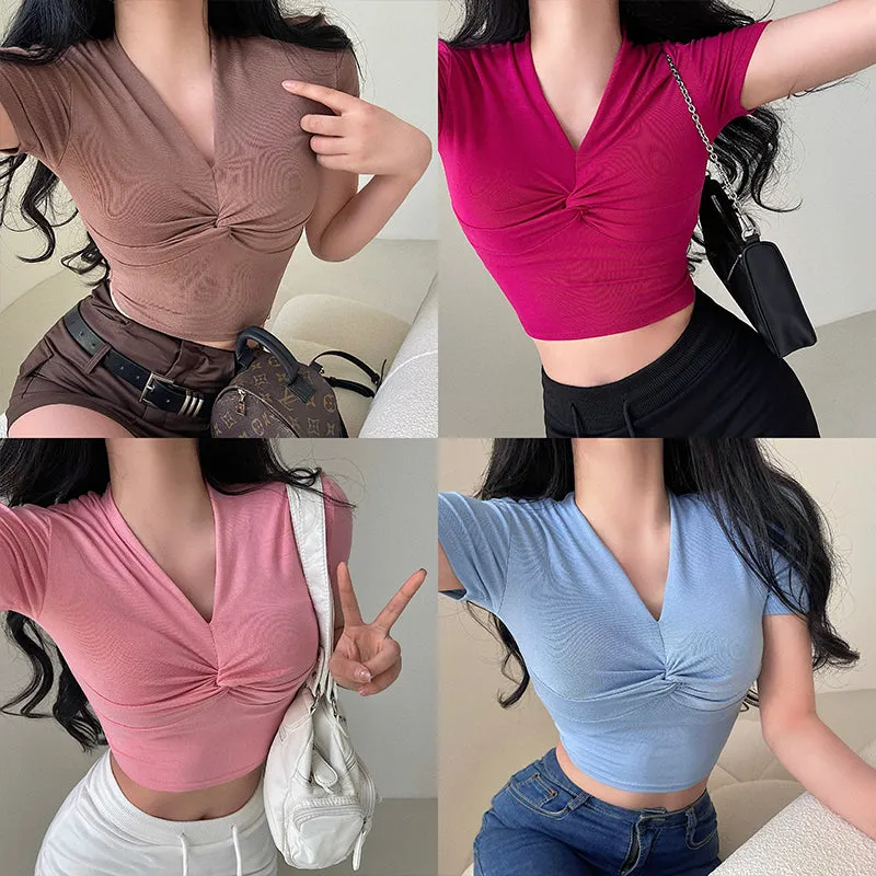 Lizza Solid Color V-Neck Twist Short Sleeve Slim Cropped Top