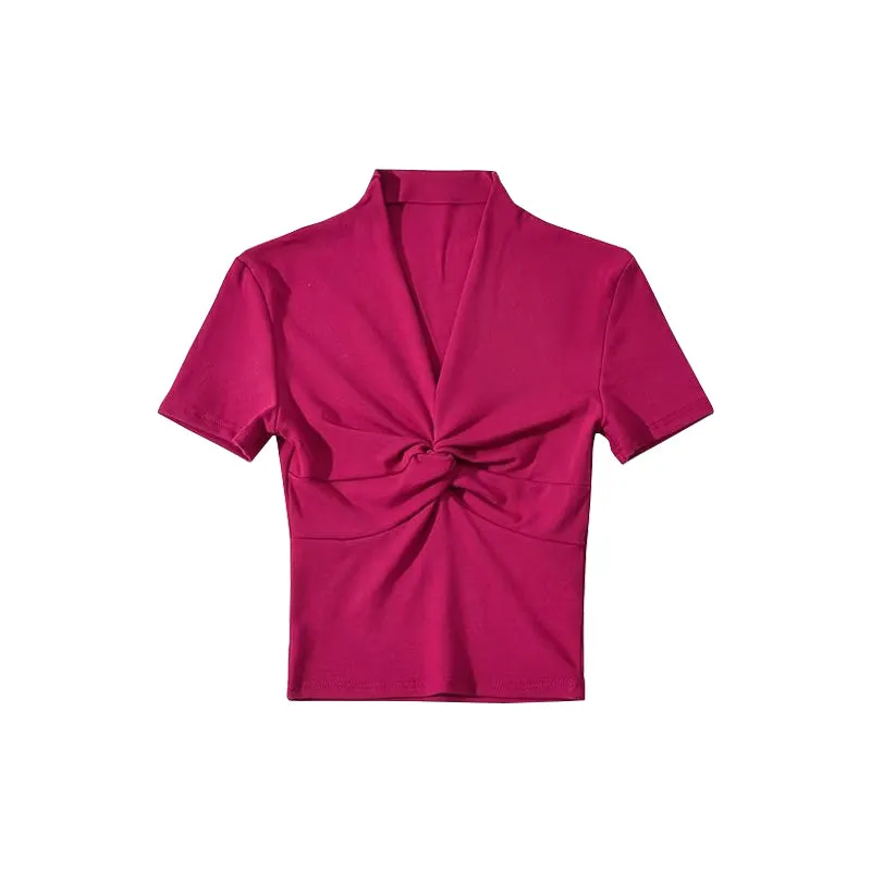 Lizza Solid Color V-Neck Twist Short Sleeve Slim Cropped Top