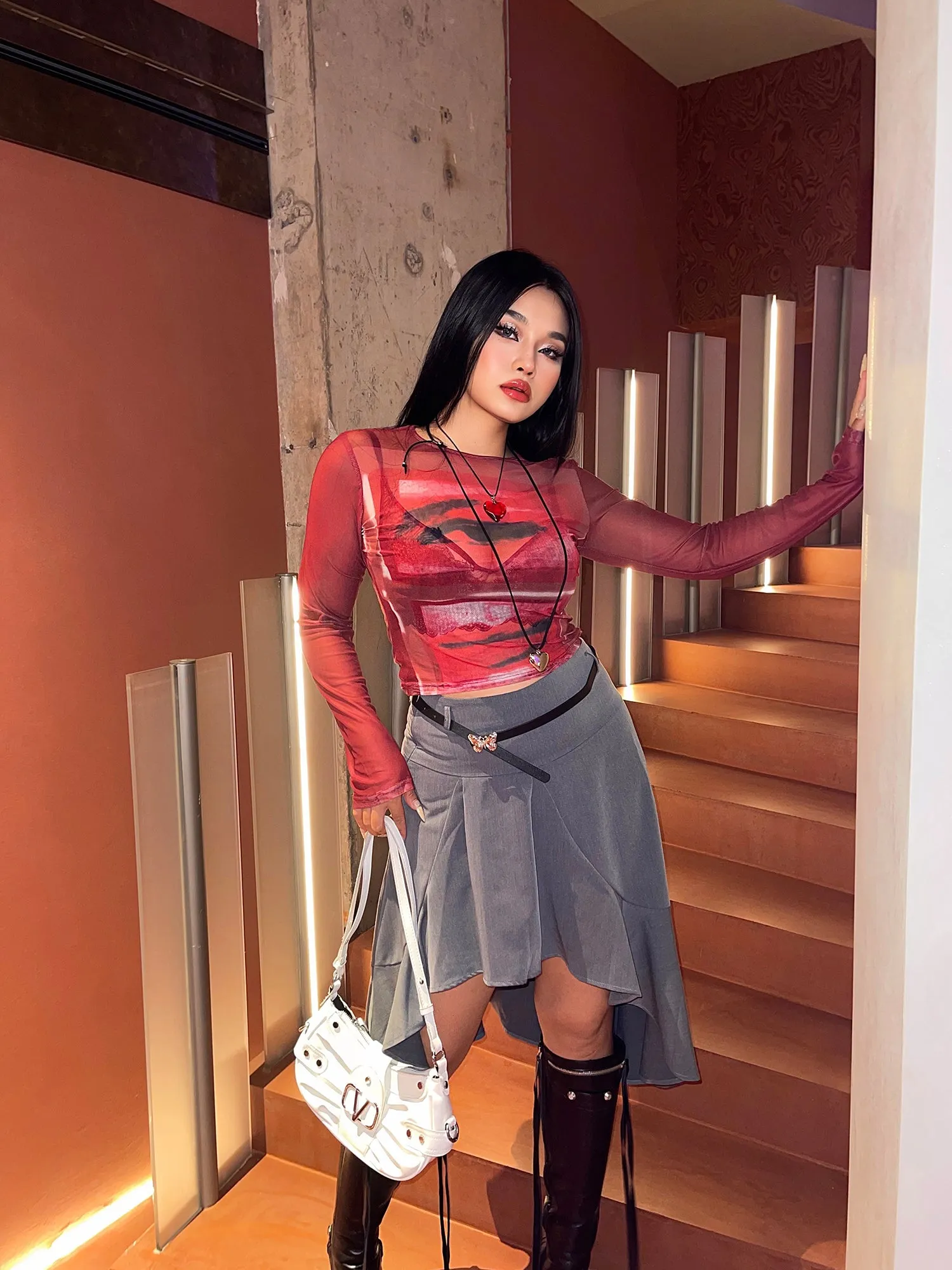Loi Plus Size Image Print Red Retro Sheer Mesh Long Sleeve Slim Top