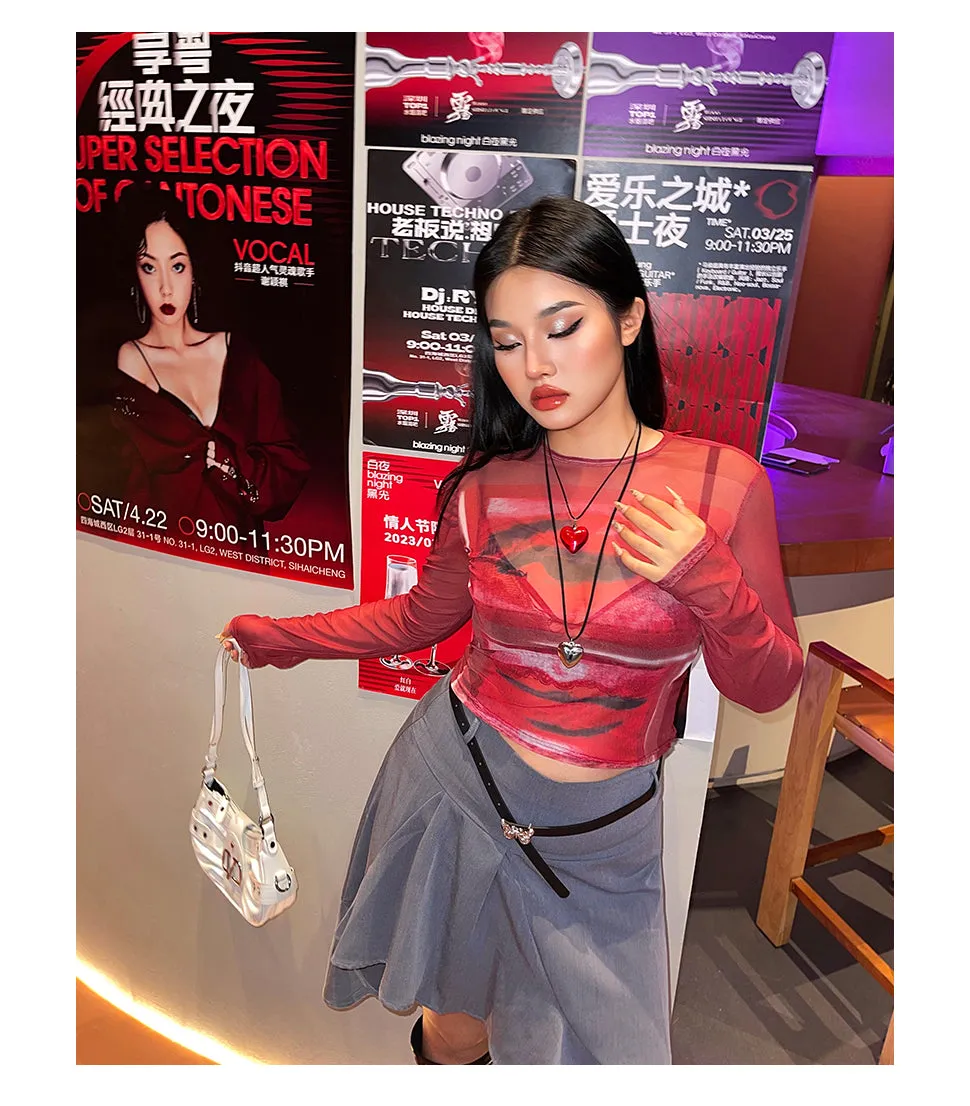 Loi Plus Size Image Print Red Retro Sheer Mesh Long Sleeve Slim Top