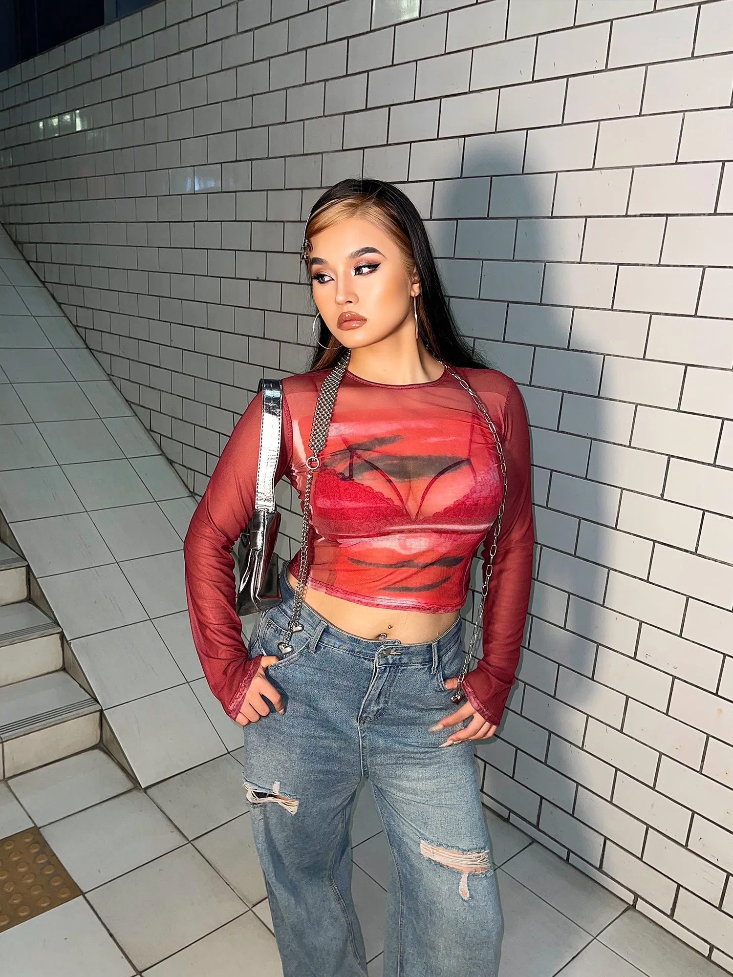 Loi Plus Size Image Print Red Retro Sheer Mesh Long Sleeve Slim Top