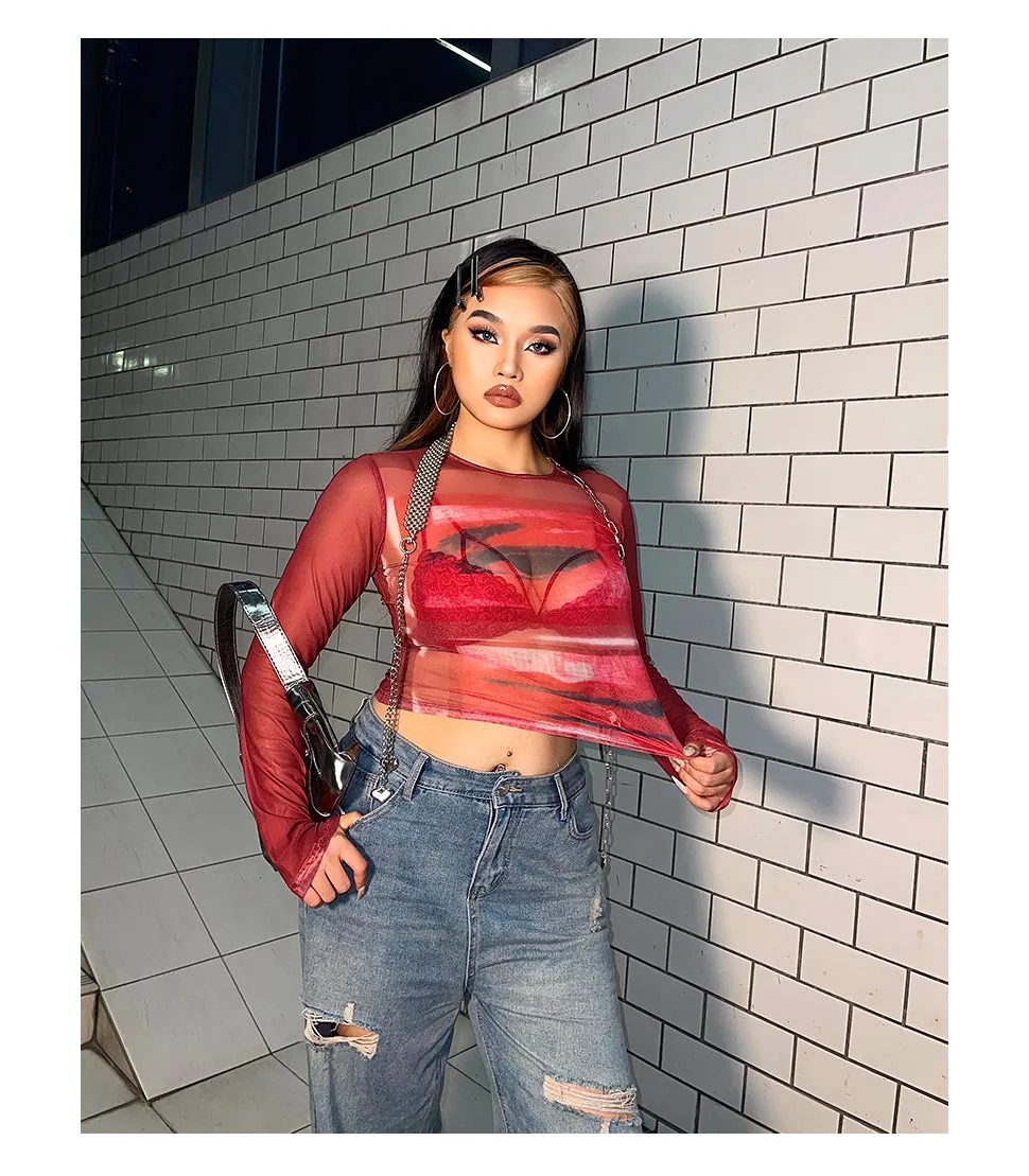 Loi Plus Size Image Print Red Retro Sheer Mesh Long Sleeve Slim Top