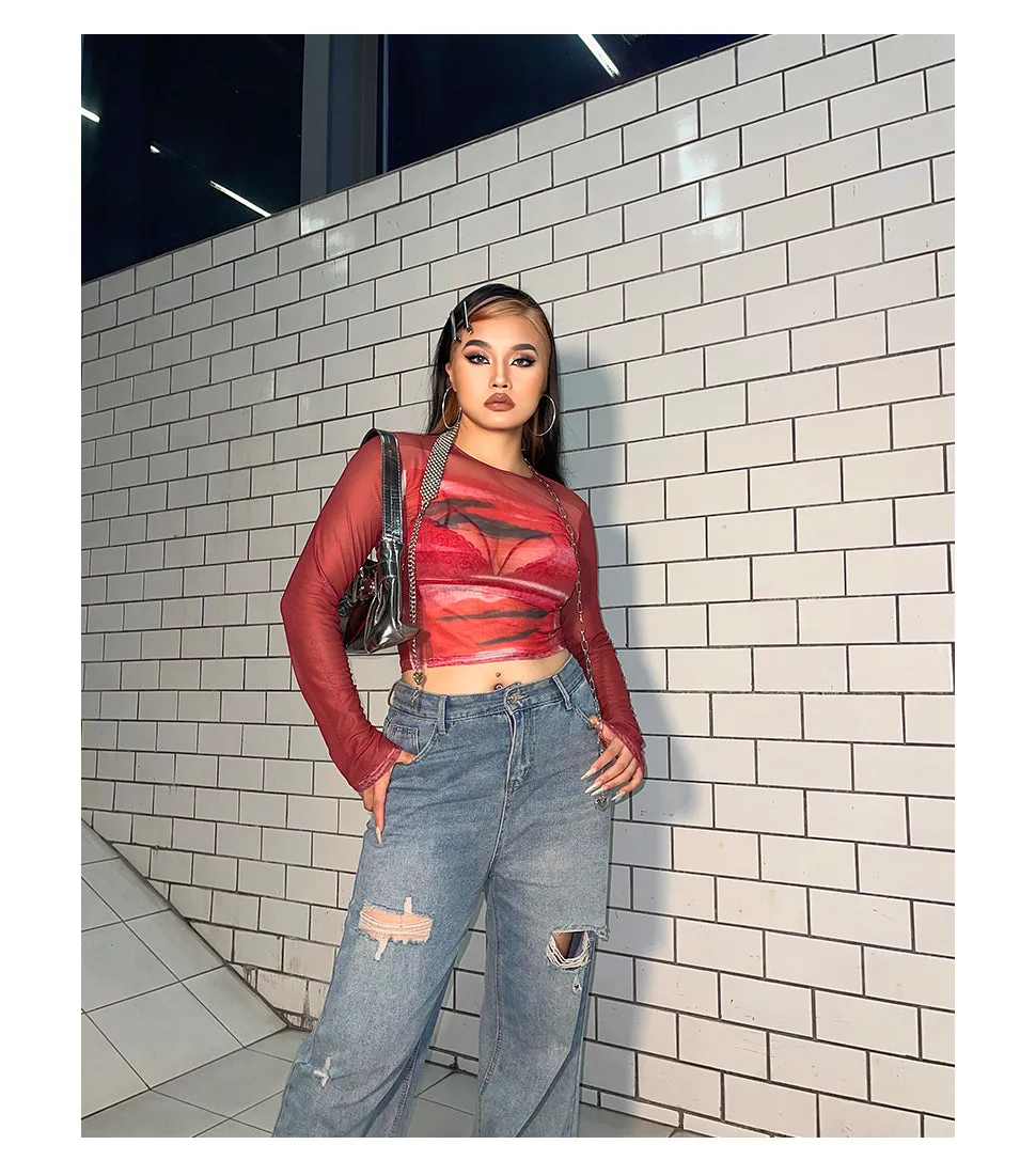 Loi Plus Size Image Print Red Retro Sheer Mesh Long Sleeve Slim Top