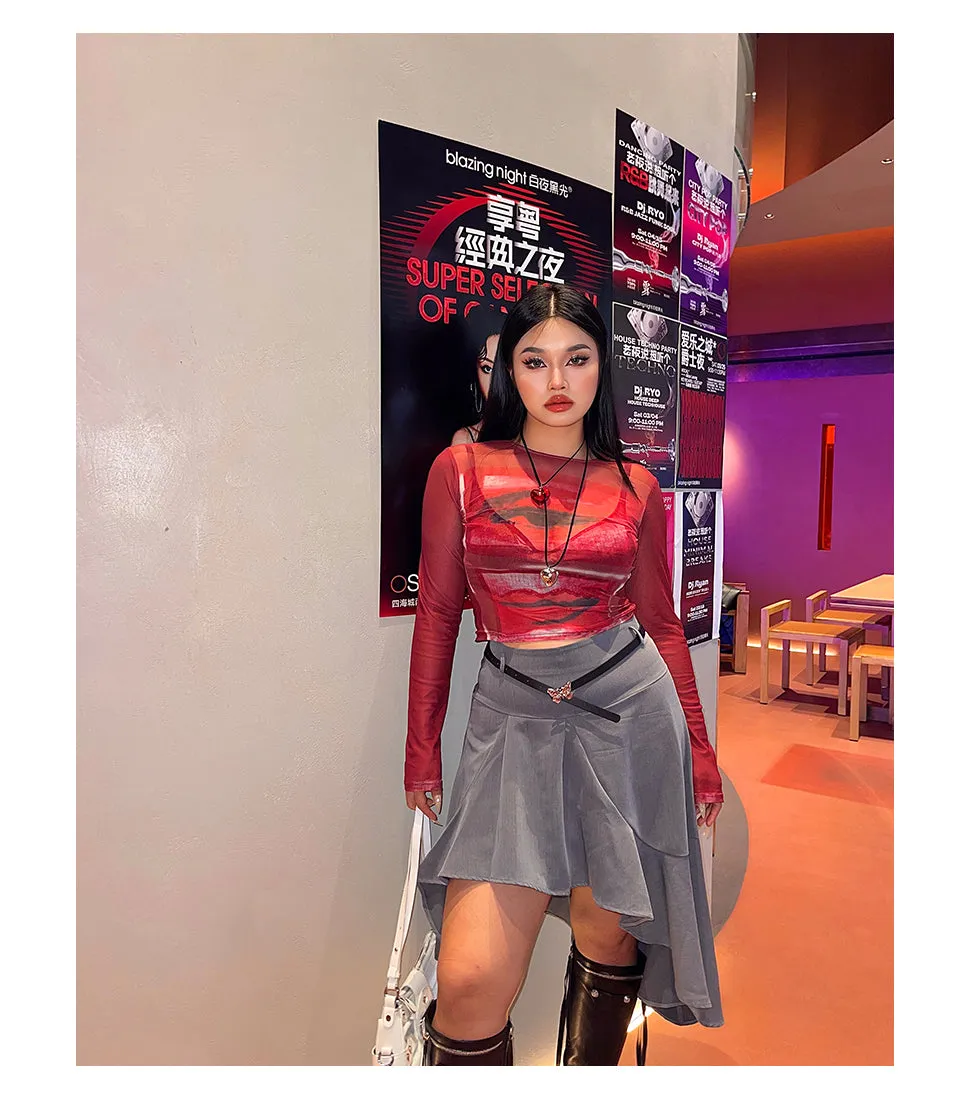 Loi Plus Size Image Print Red Retro Sheer Mesh Long Sleeve Slim Top