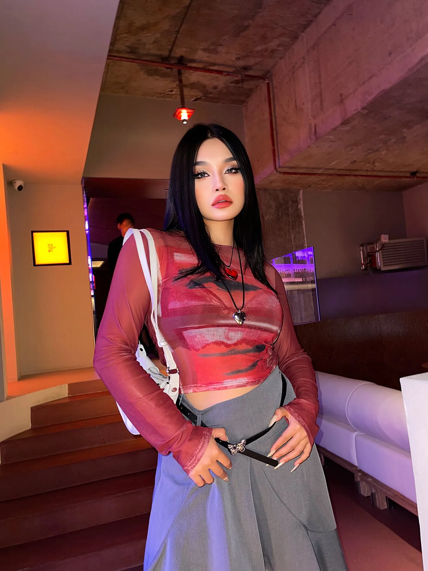 Loi Plus Size Image Print Red Retro Sheer Mesh Long Sleeve Slim Top
