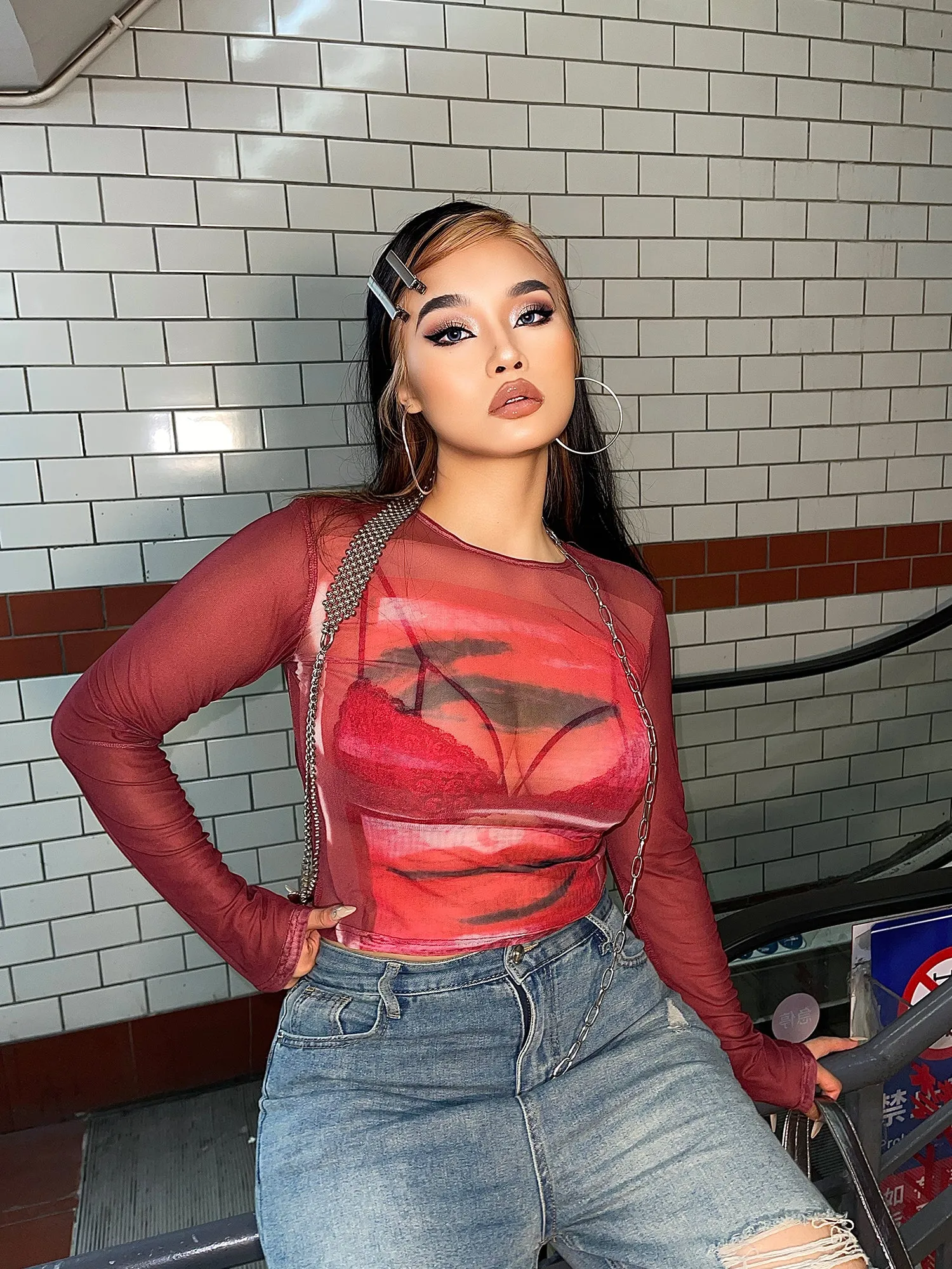 Loi Plus Size Image Print Red Retro Sheer Mesh Long Sleeve Slim Top