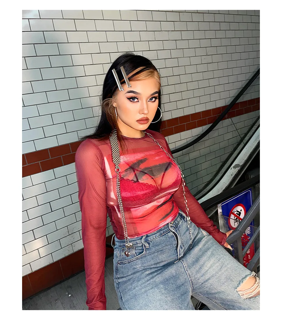 Loi Plus Size Image Print Red Retro Sheer Mesh Long Sleeve Slim Top