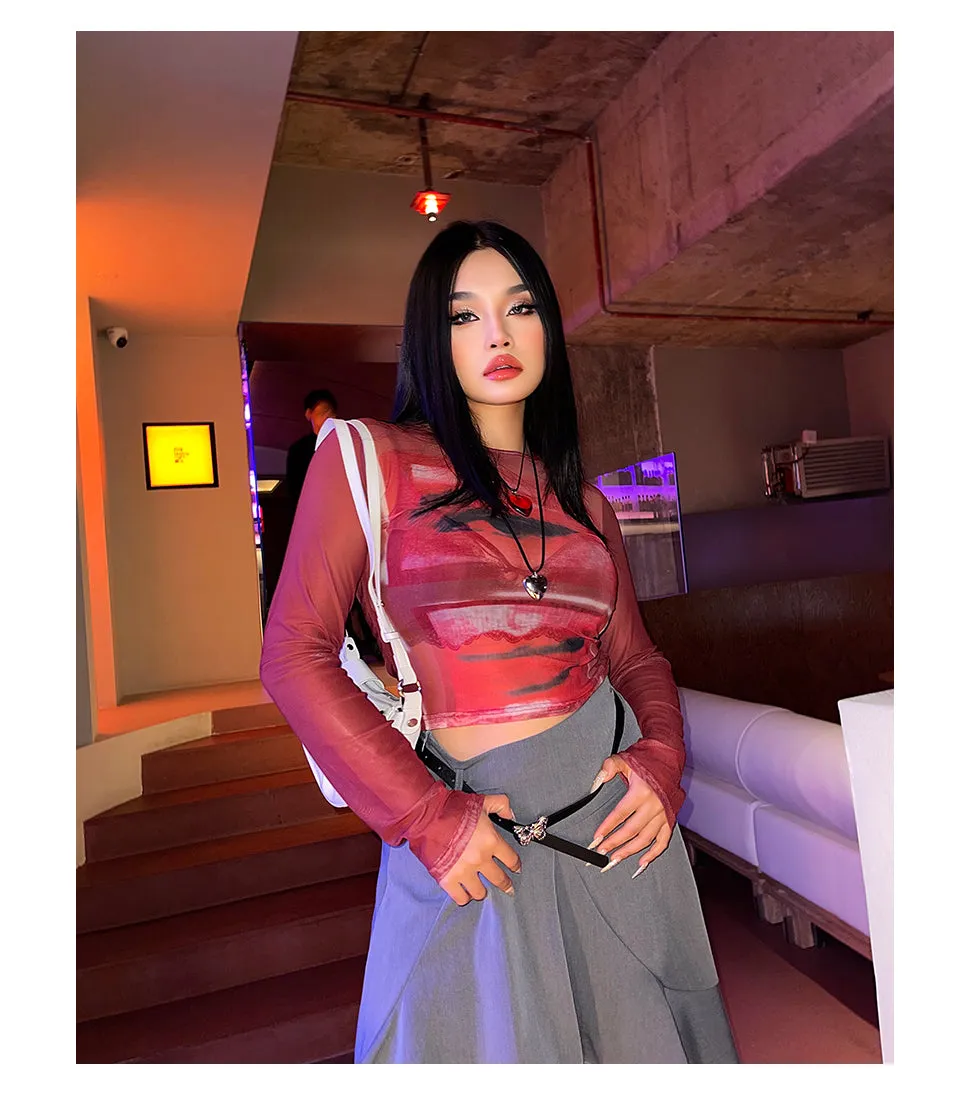 Loi Plus Size Image Print Red Retro Sheer Mesh Long Sleeve Slim Top