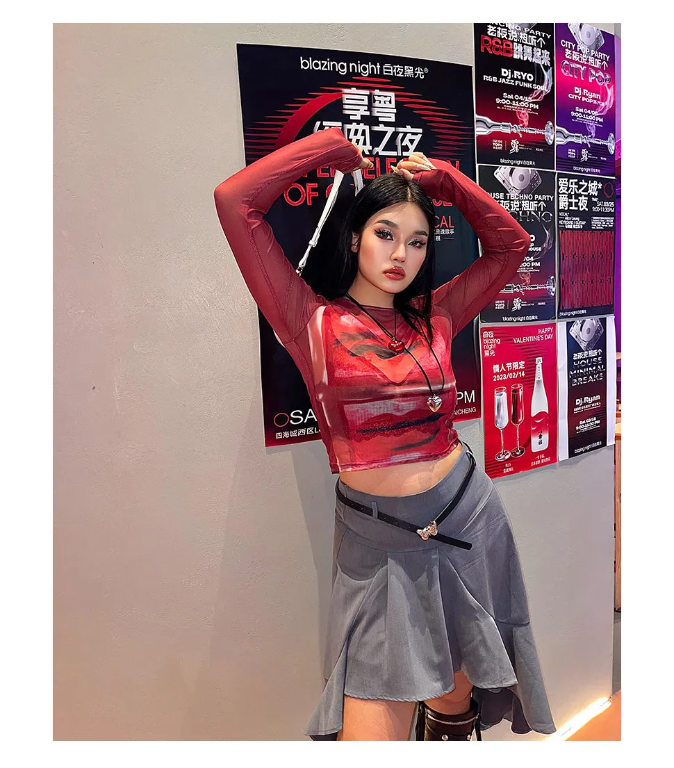 Loi Plus Size Image Print Red Retro Sheer Mesh Long Sleeve Slim Top