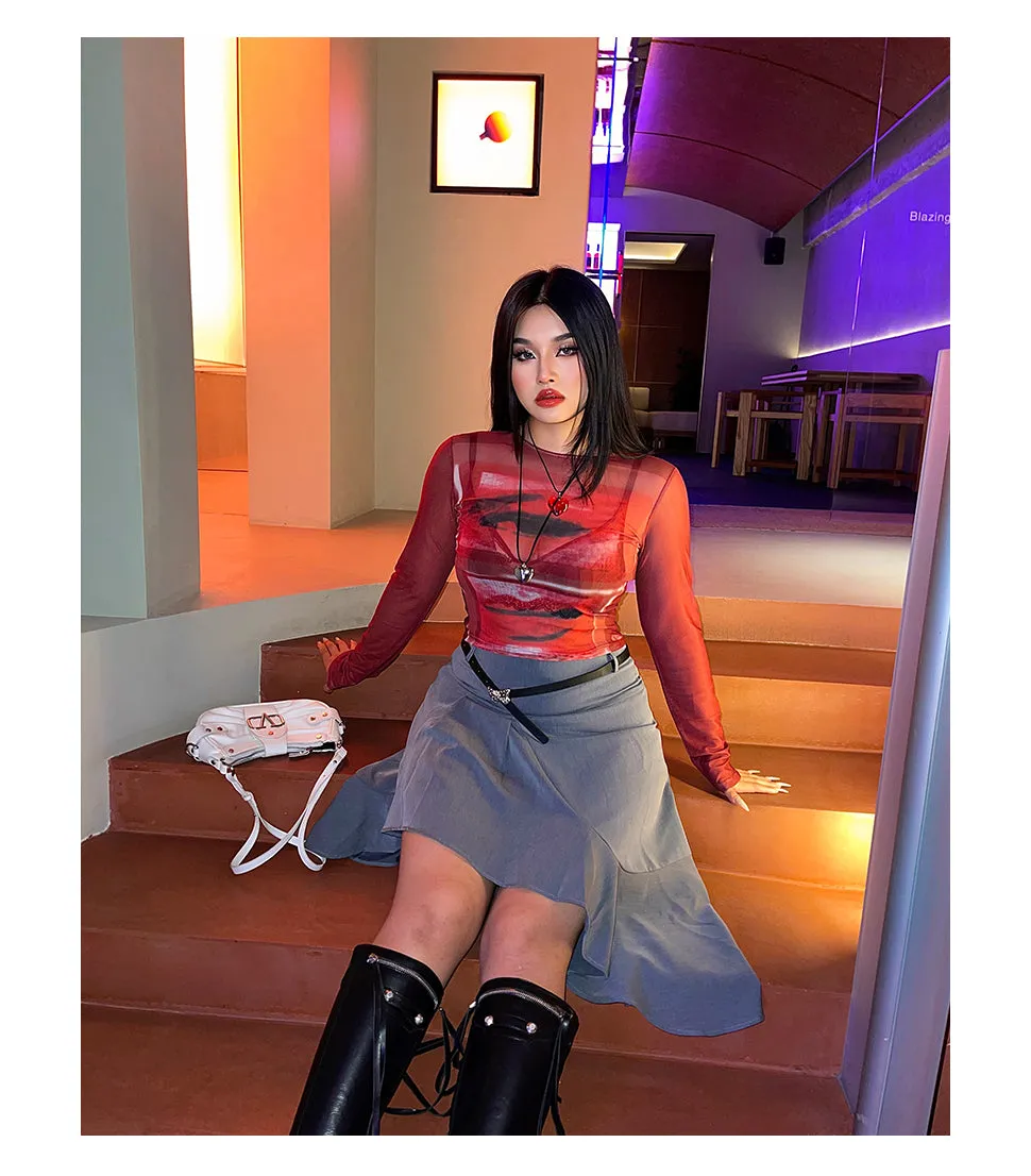 Loi Plus Size Image Print Red Retro Sheer Mesh Long Sleeve Slim Top