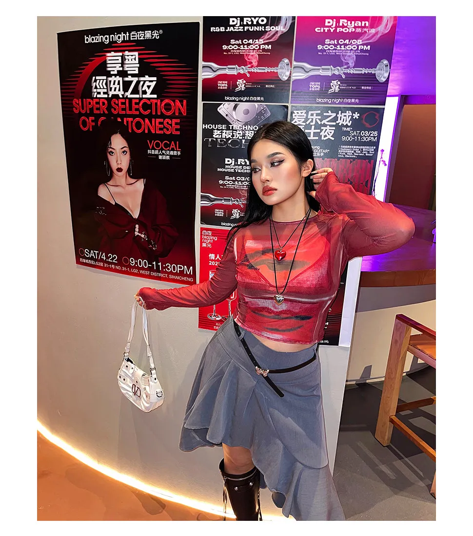 Loi Plus Size Image Print Red Retro Sheer Mesh Long Sleeve Slim Top
