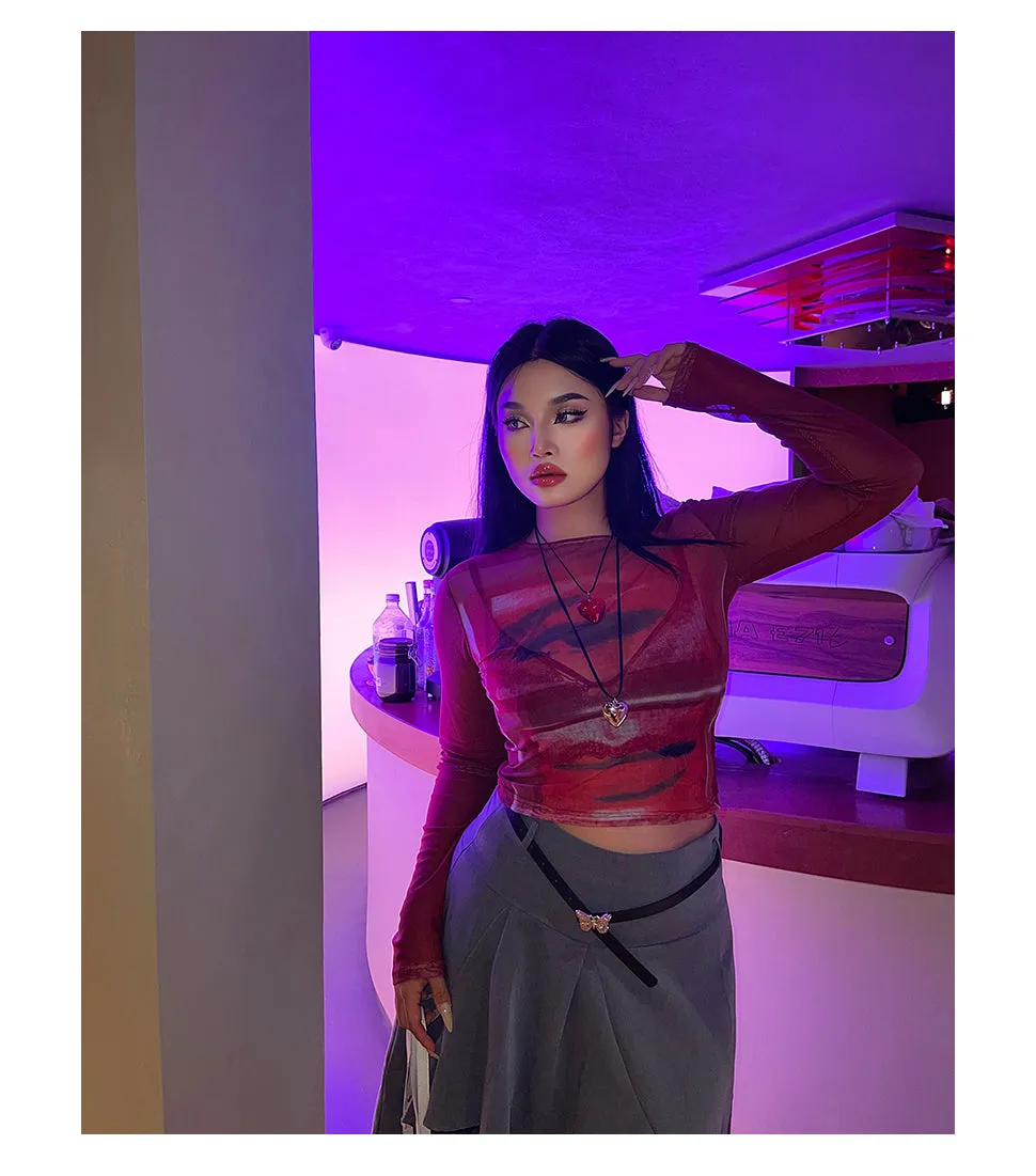 Loi Plus Size Image Print Red Retro Sheer Mesh Long Sleeve Slim Top