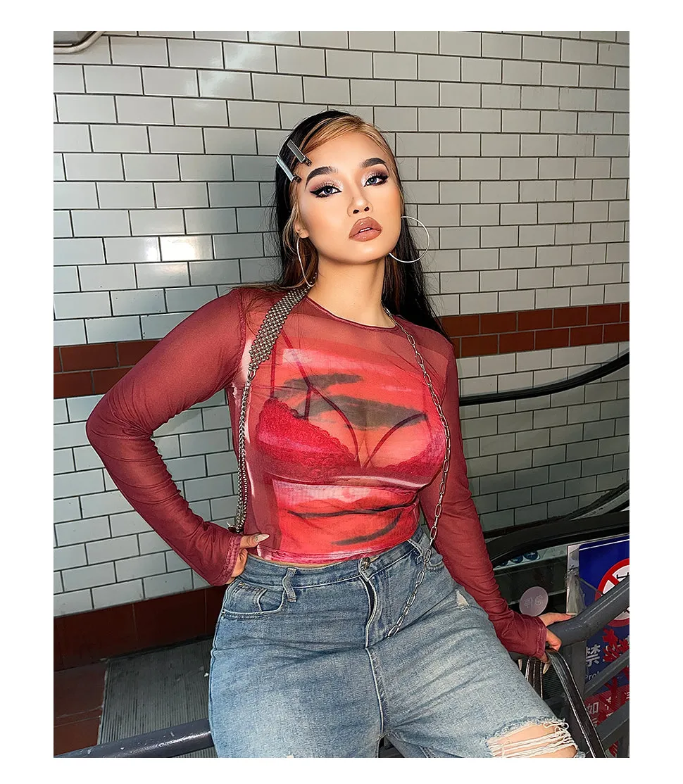 Loi Plus Size Image Print Red Retro Sheer Mesh Long Sleeve Slim Top