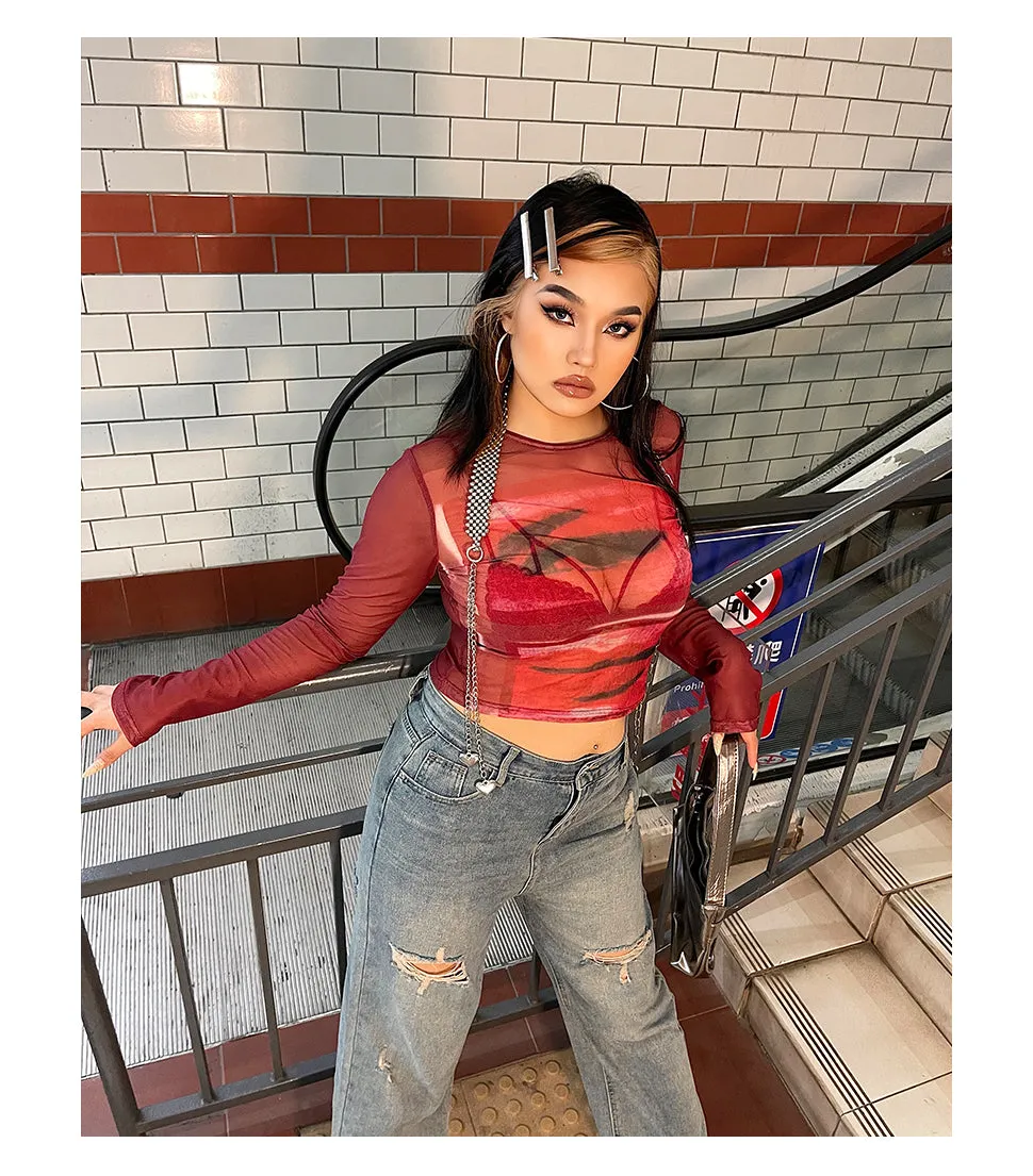 Loi Plus Size Image Print Red Retro Sheer Mesh Long Sleeve Slim Top